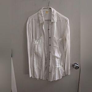 Free People Small White Lightweight Sheer Button-Up Shirt *Tiny Flaw Hem Unravel